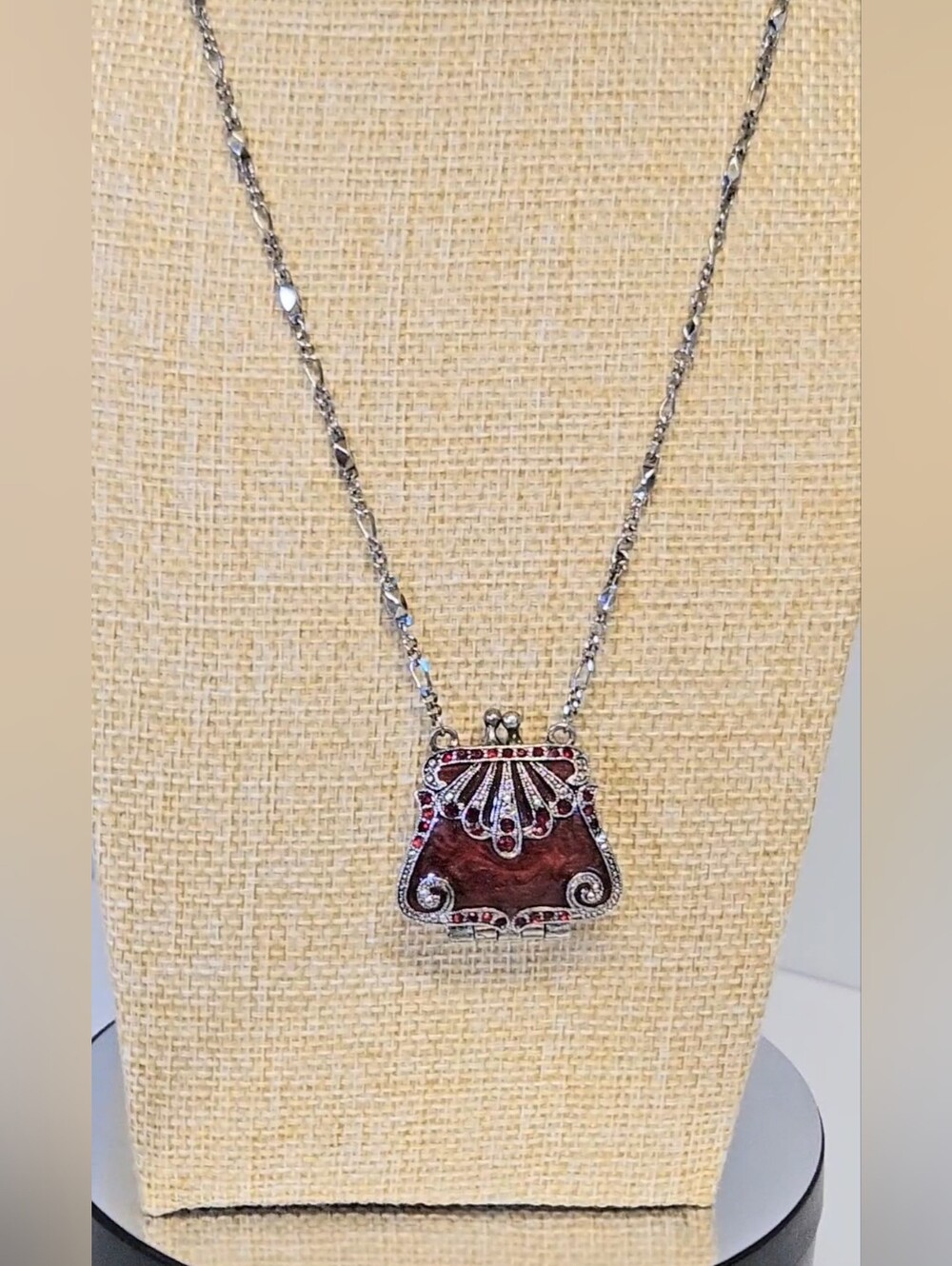 Vintage-Inspired Burgundy Enameled Crystal Purse Locket Pendant Necklace